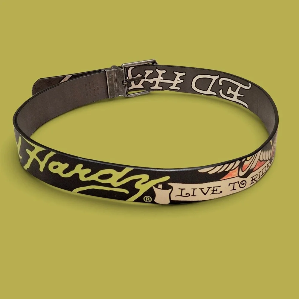 ED HARDY - MEN'S REVERSIBLE BLACK GRAPHIC BELT SPEED KILLS SIZE 32